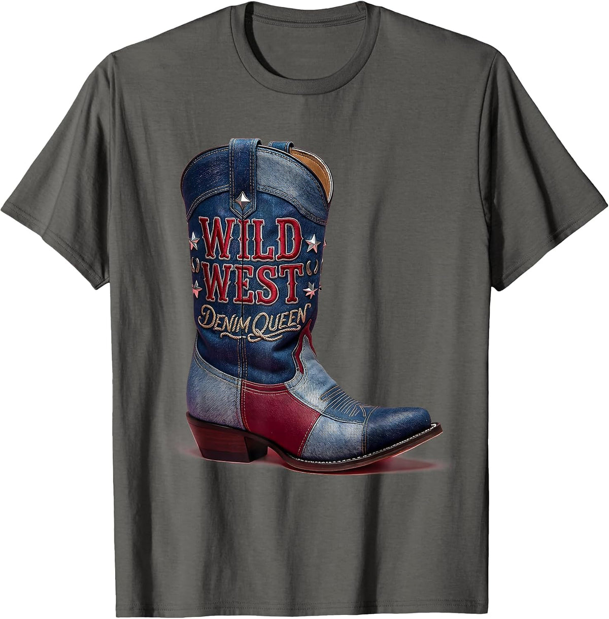 Men's Wild West Denim Queen Cowgirl Design T-Shirt - Asphalt Grey