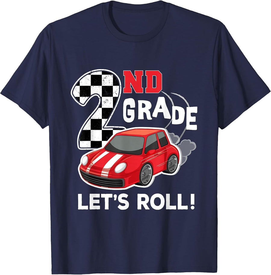 2nd Grade Second Grade First Day of School Boys Kid Race Car T-Shirt - Navy Blue