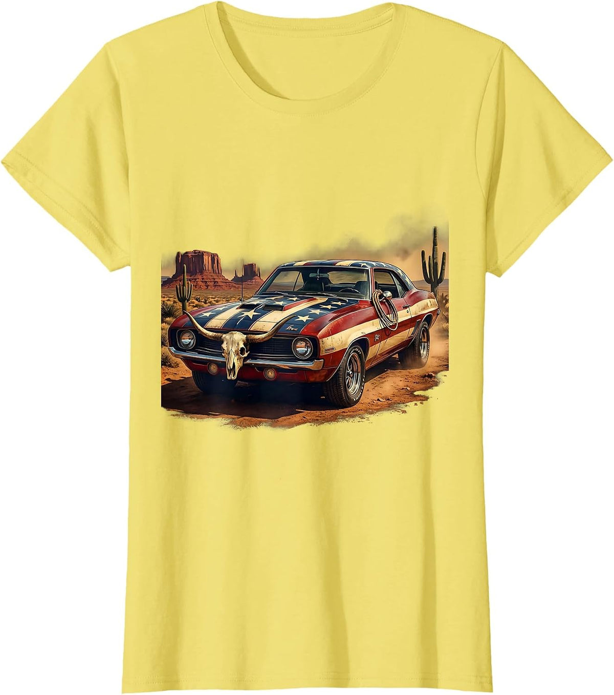 Patriotic Muscle Car Red White and Blue Design T-Shirt - Lemon Yellow
