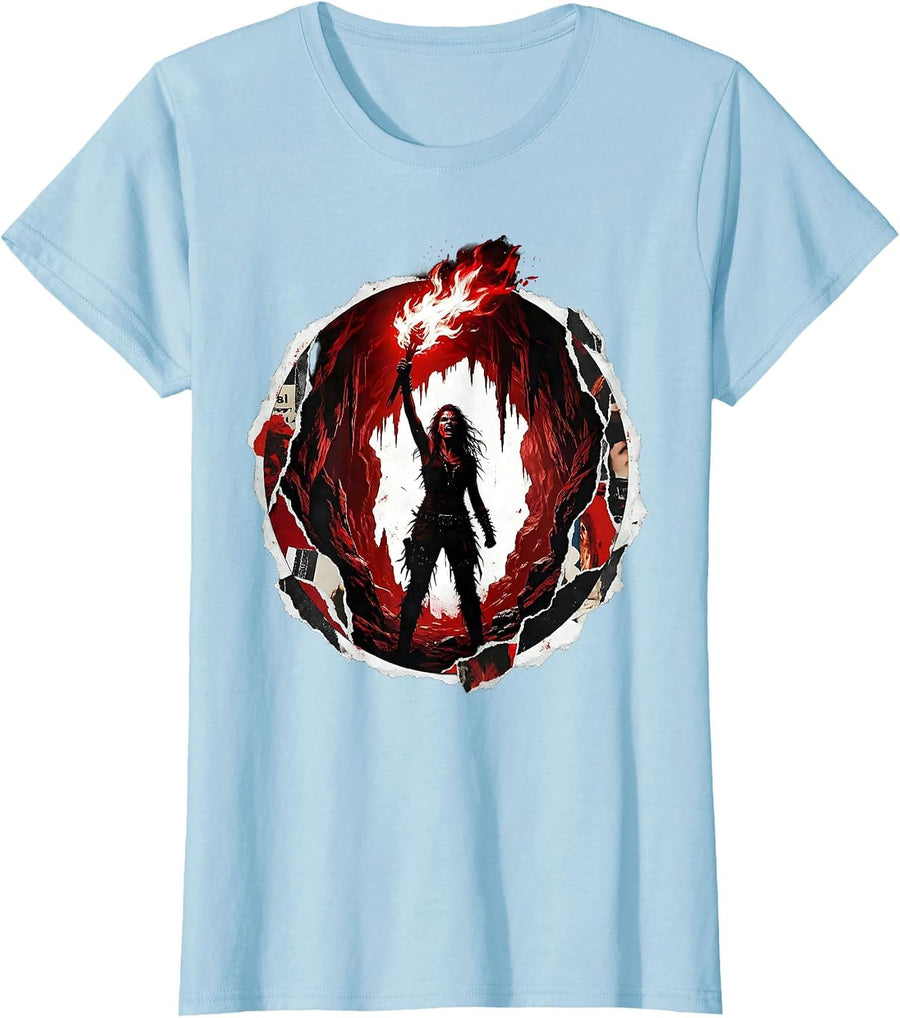 Women's Torch Bearer Dark Cave Illustration T-Shirt - Baby Blue