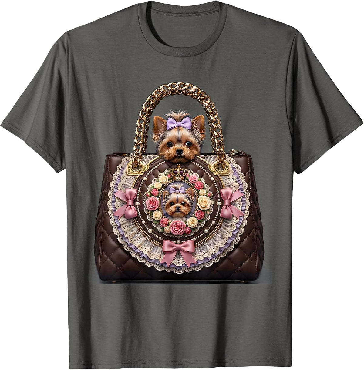 Tiny Dog in Oversized Designer Purse Graphic T-Shirt - Asphalt Grey