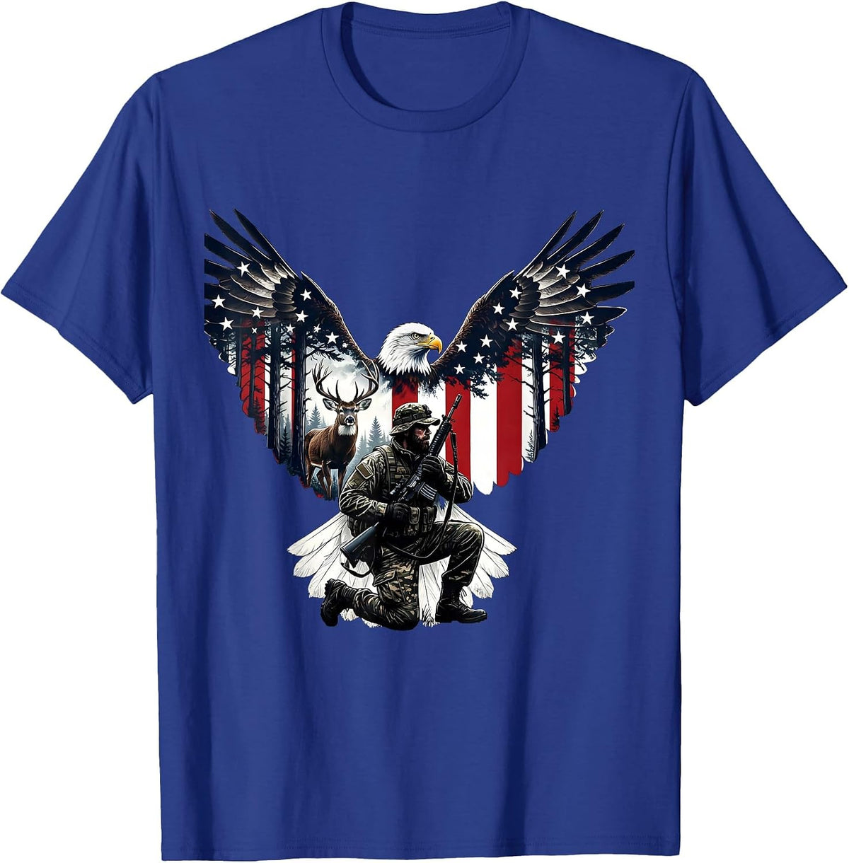 Deer Hunter Tracking Through Pine Forest Graphic T-Shirt - Royal Blue