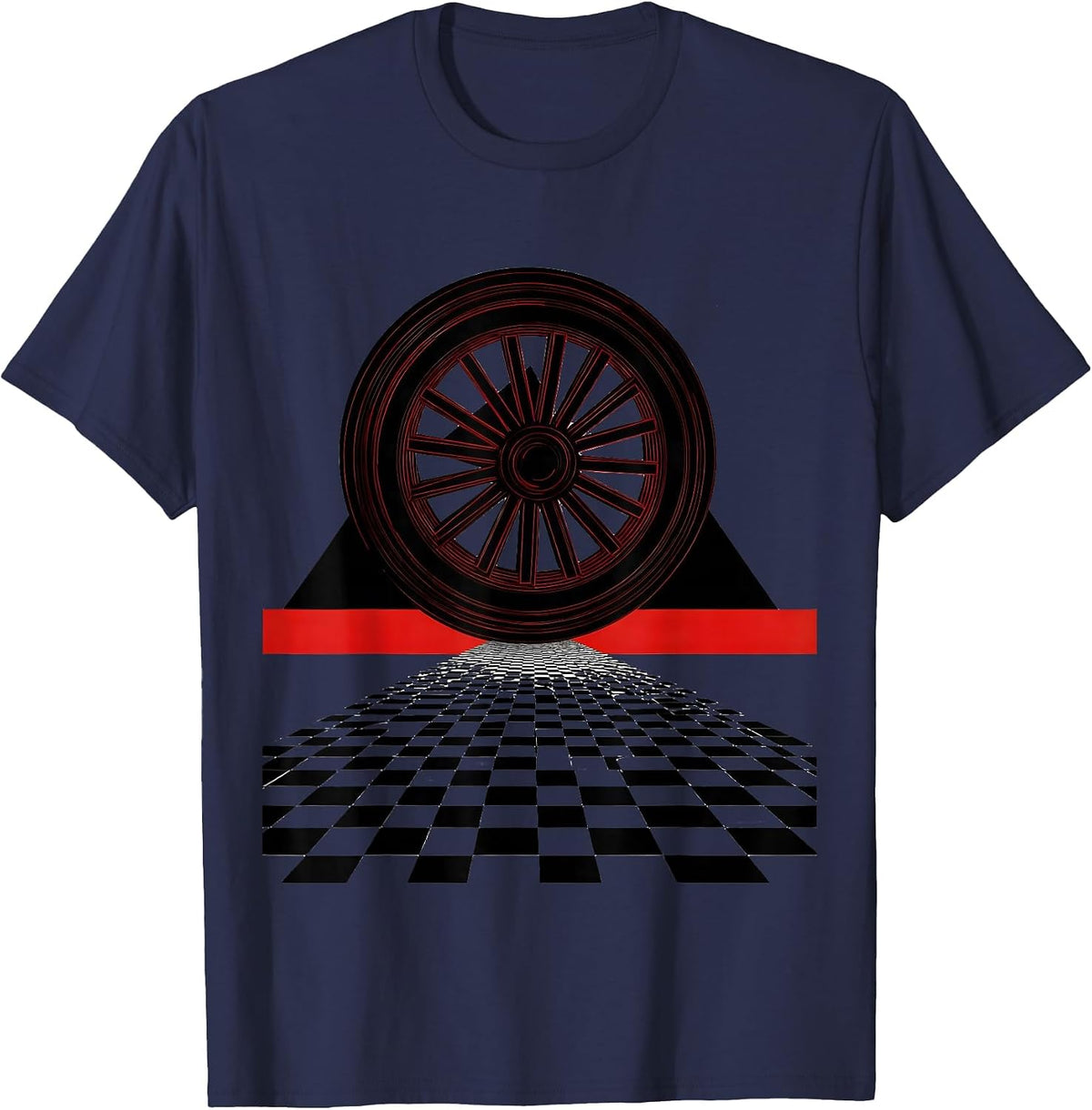 Motorcycle Wheel Spinning on Checkered Road T-Shirt - Navy Blue