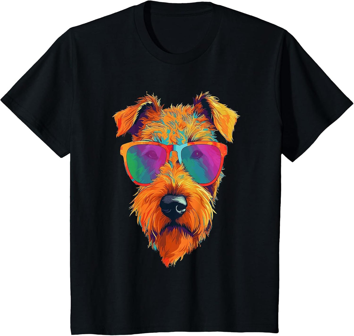 Colorful Pop Art Airedale Terrier Wearing Sunglasses Face T-Shirt - Black
