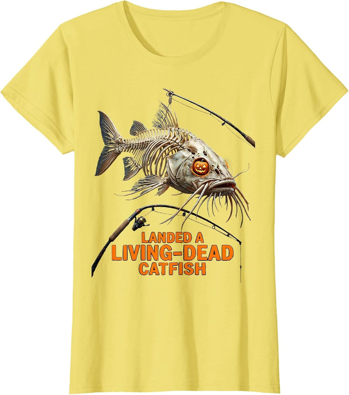 Landed A Living-Dead Catfish Skeleton Halloween Fishing T-Shirt - Lemon Yellow