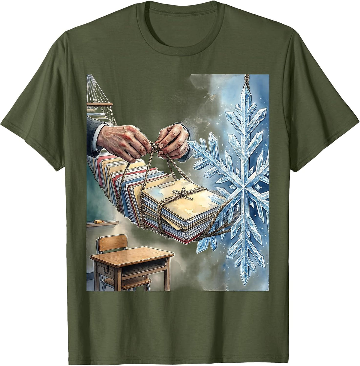 Watercolor Teacher Hands Bridge Christmas Break Humor T-Shirt - Olive Green