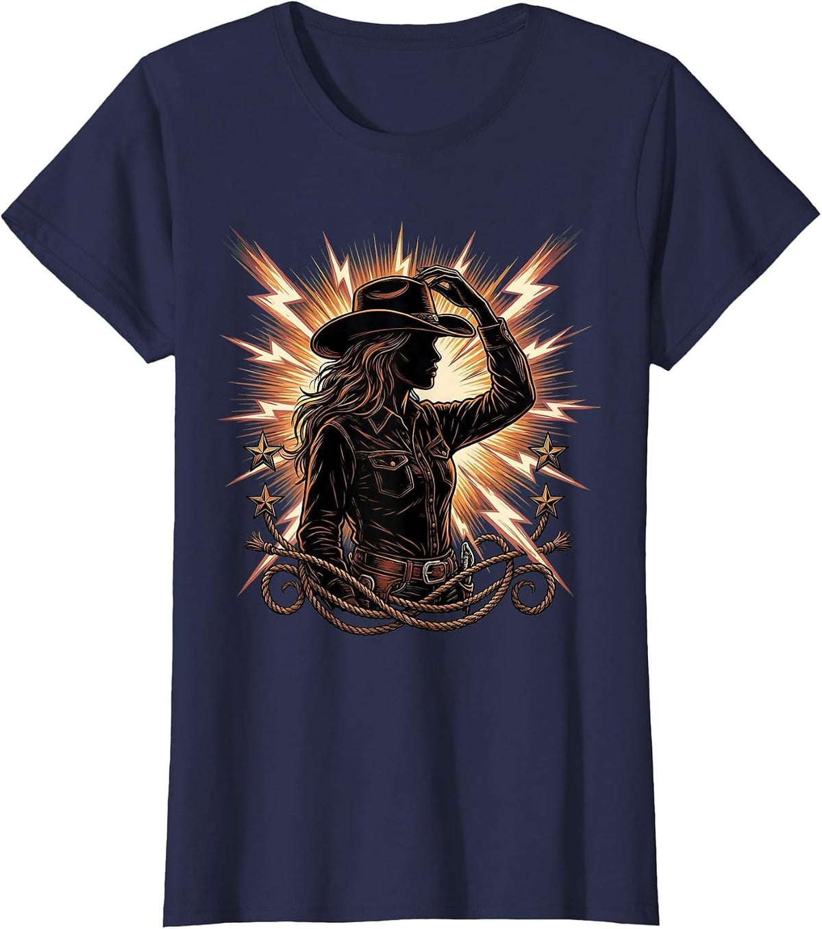 Women's Cowgirl Tipping Hat Lightning Bolt Illustration T-Shirt - Navy Blue