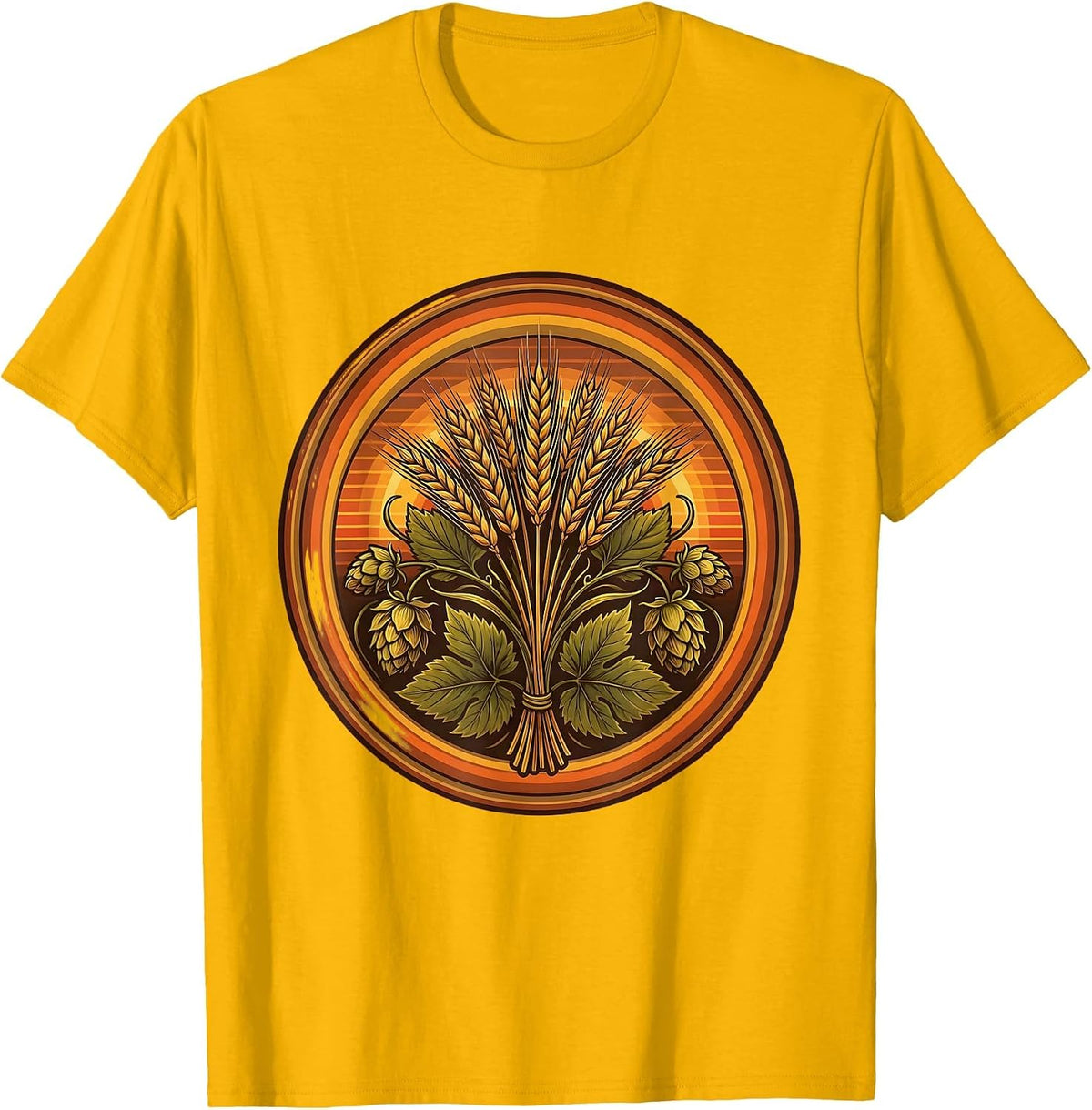 Oktoberfest Hop Flowers and Barley Wheat Design T-Shirt - Golden Yellow