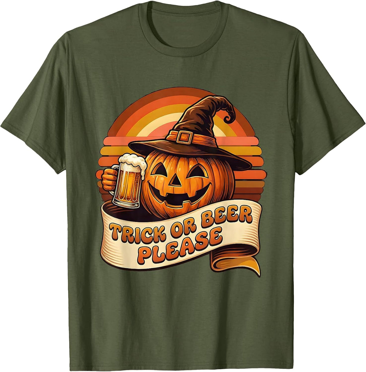 Men's Trick or Beer Please Halloween Funny Design T-Shirt - Olive Green