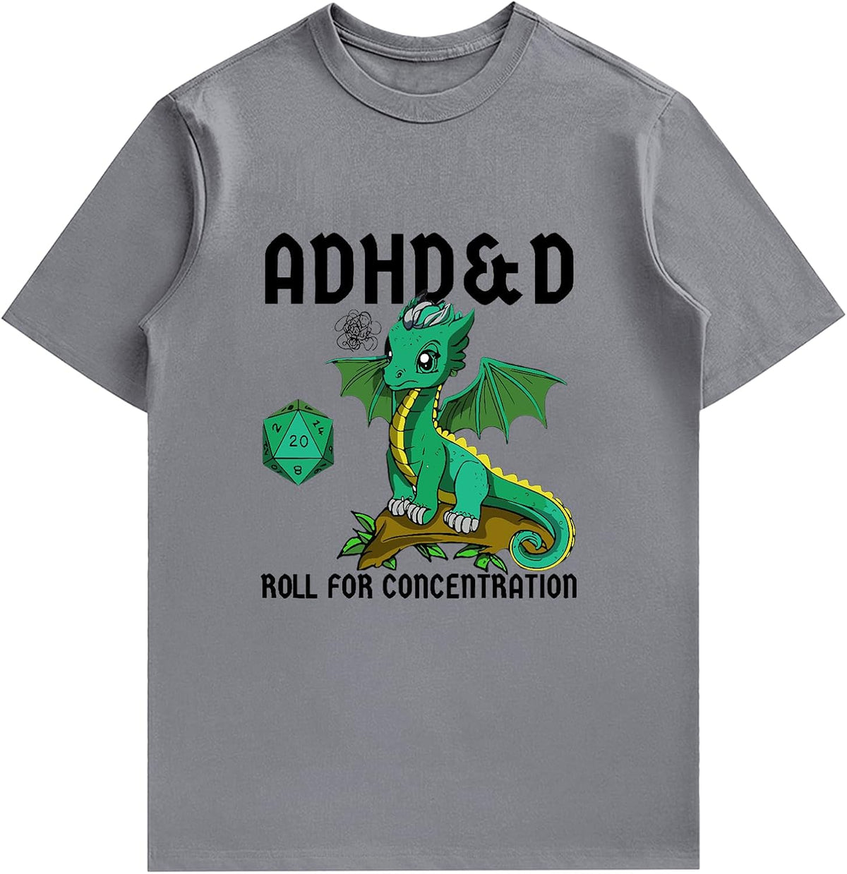 Unisex Cotton T-Shirt with ADHD D&D Roll for Motivation Graphic - Soft Tee for Tabletop Gaming Fans - Grey