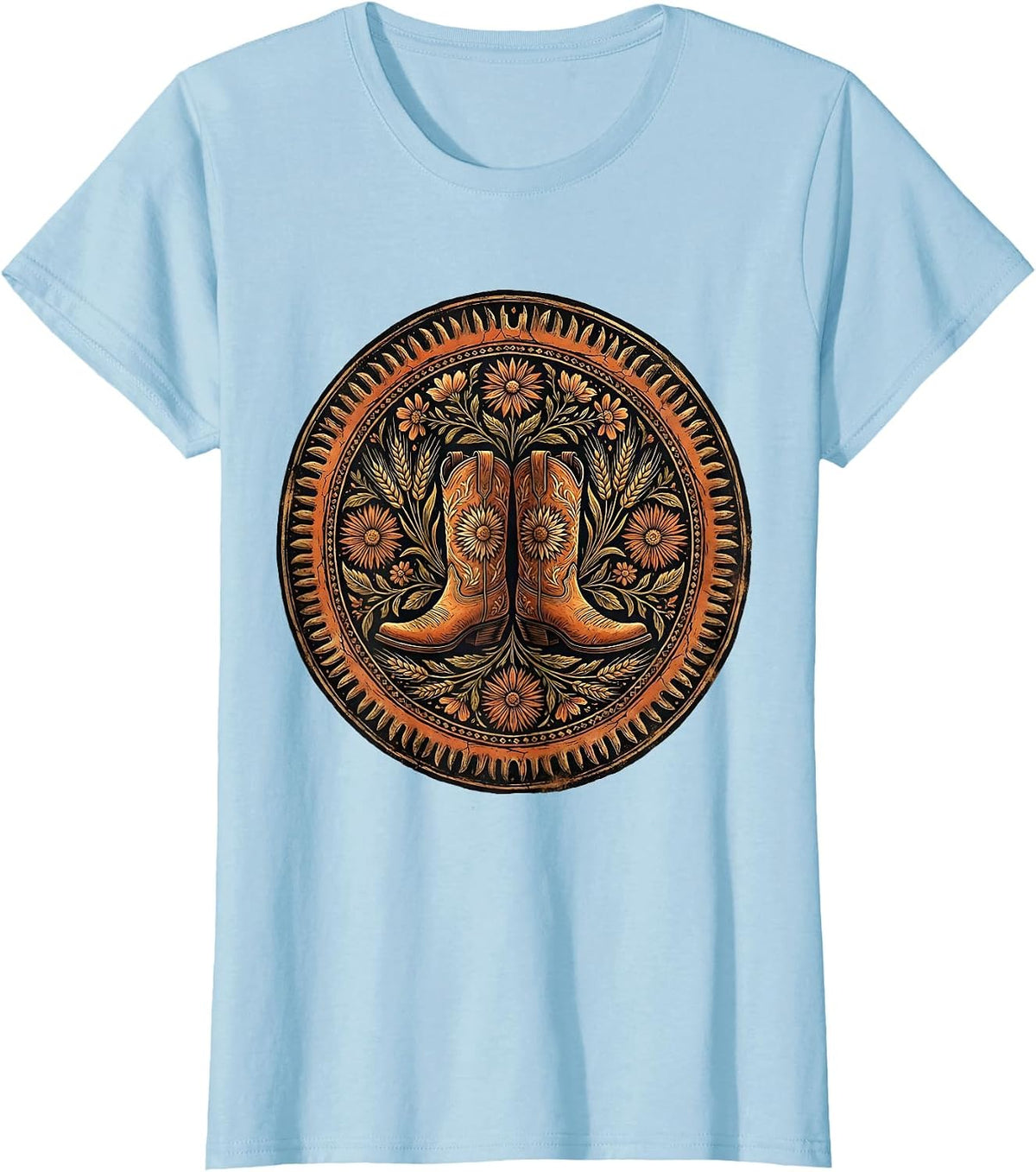 Women's Cowboy Boots with Spurs on Worn Wood Design T-Shirt - Baby Blue