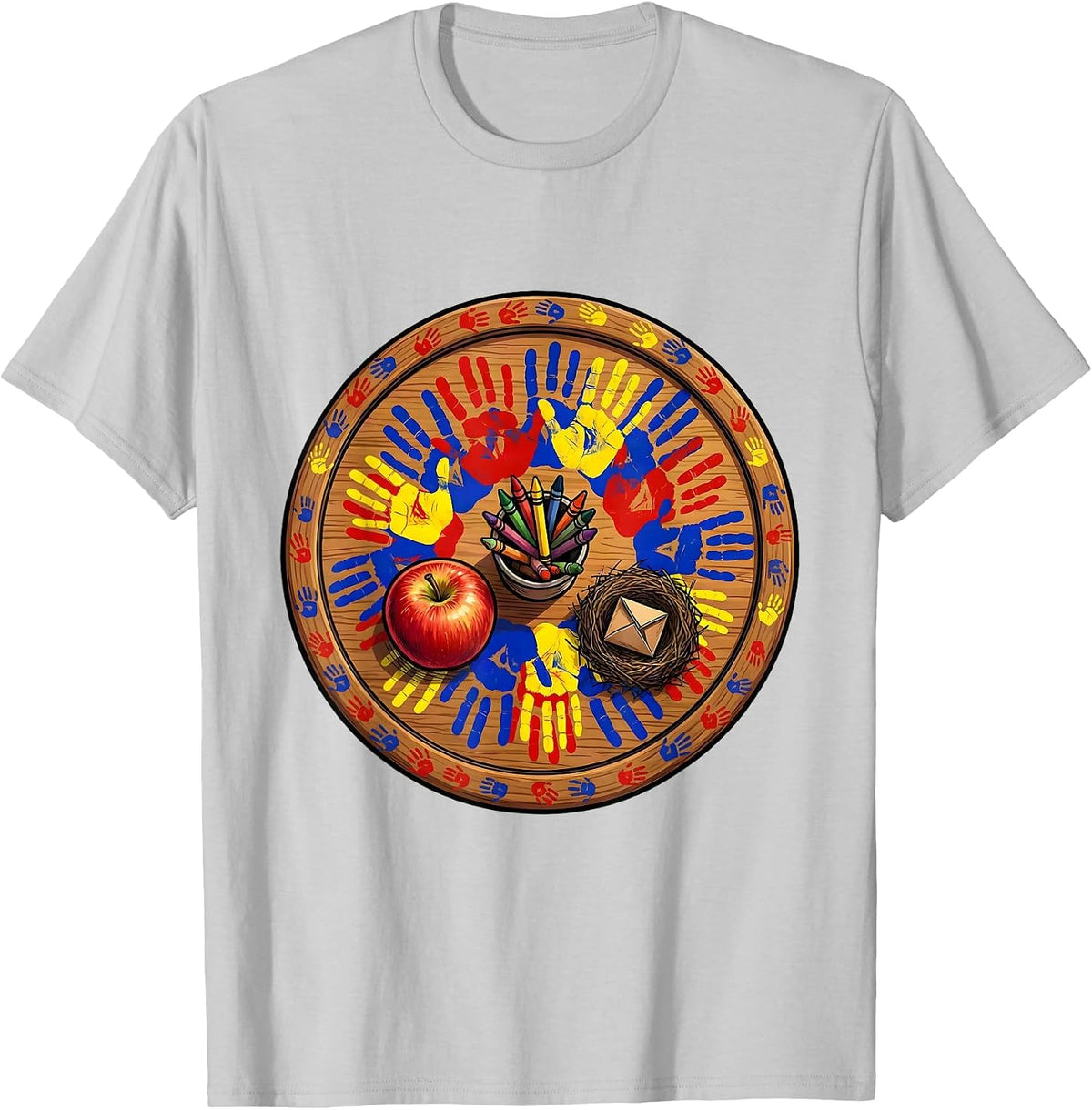 Men's 2nd Grade Teacher Handprint Art Desk Design T-Shirt - Silver Grey