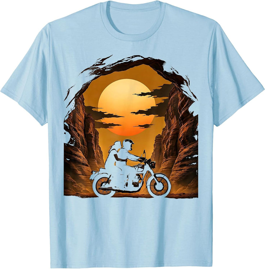 Men's Couple Motorcycle Desert Canyon Sunset Graphic T-Shirt - Baby Blue
