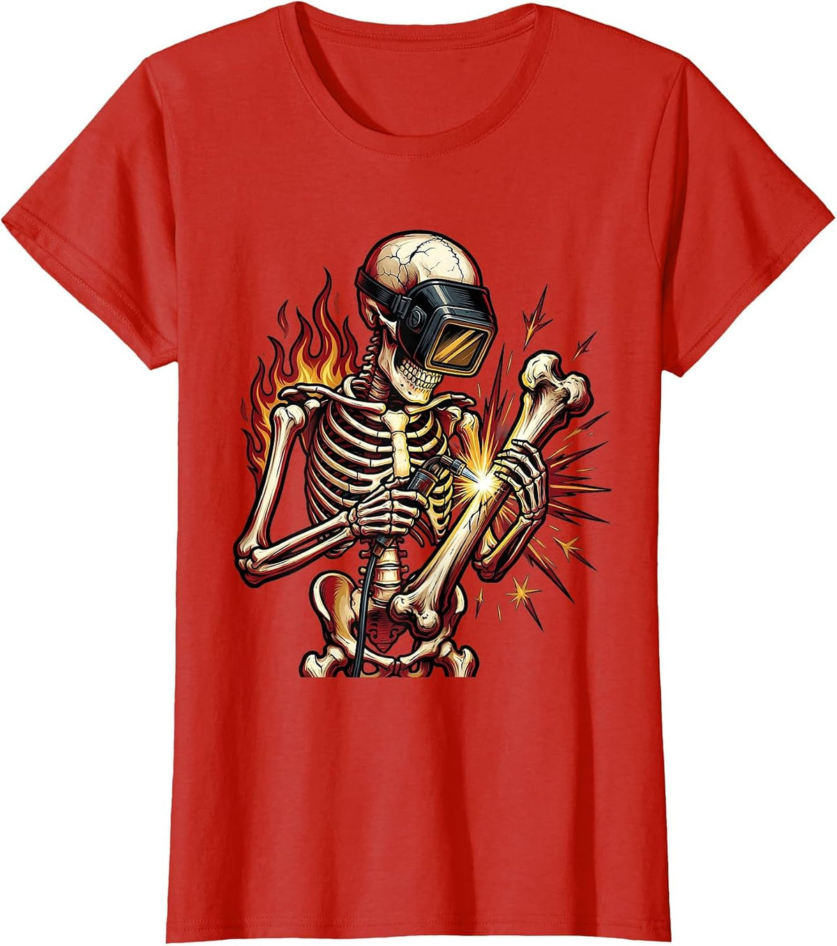 Skeleton Welder Welding Iron Bones Graphic T-Shirt - Red