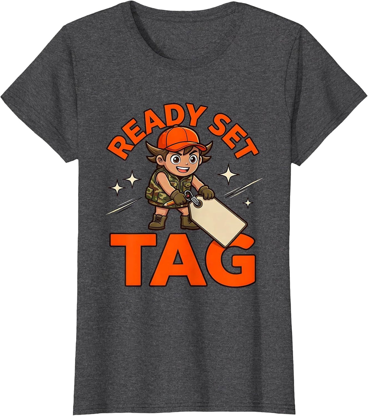 Women's READY SET TAG Funny Deer Duck Hunter Camp T-Shirt - Dark Heather Grey