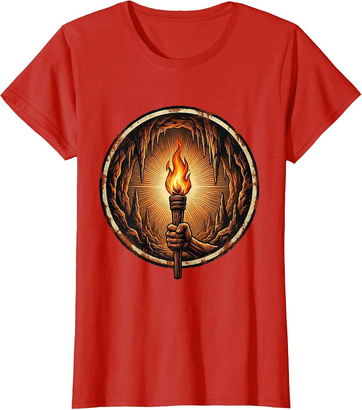 Torch Burning Bright in a Dark Cave Graphic T-Shirt - Red