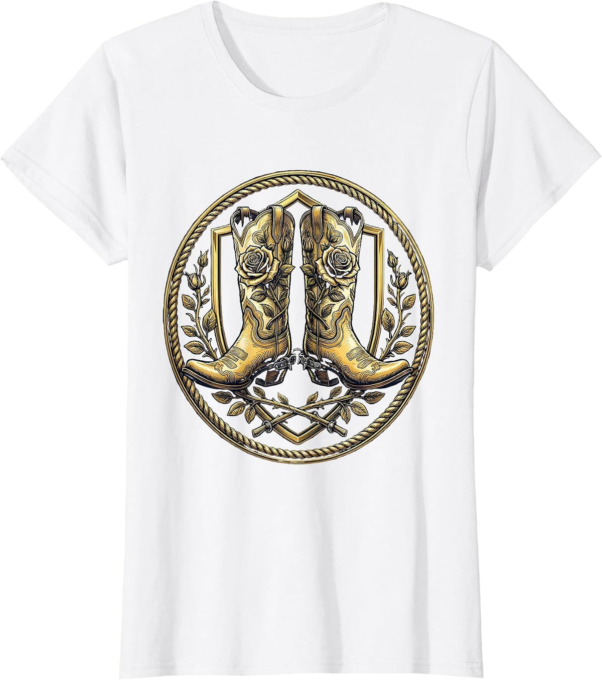 Women's Cowboy Boots Spurs and Roses Western Graphic T-Shirt - White