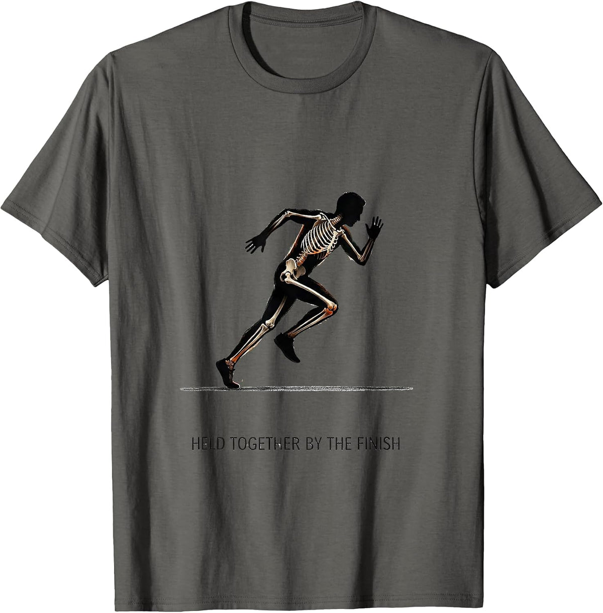 Men's Held Together By The Finish Funny Halloween Skeleton Runner T-Shirt - Asphalt Grey
