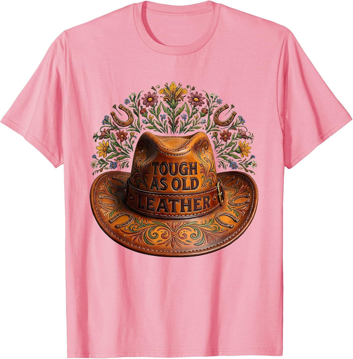 Men's Tough as Old Leather Cowboy Western Design T-Shirt - Pink