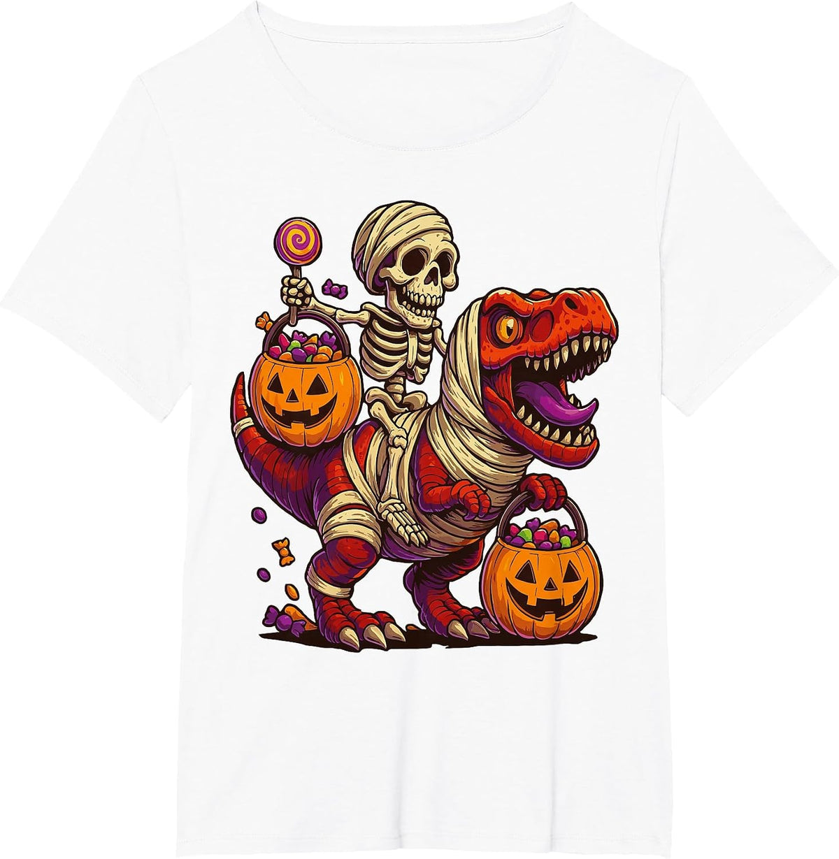 Skeleton Riding Mummy Dinosaur T rex Halloween Funny Pumpkin T-Shirt - White