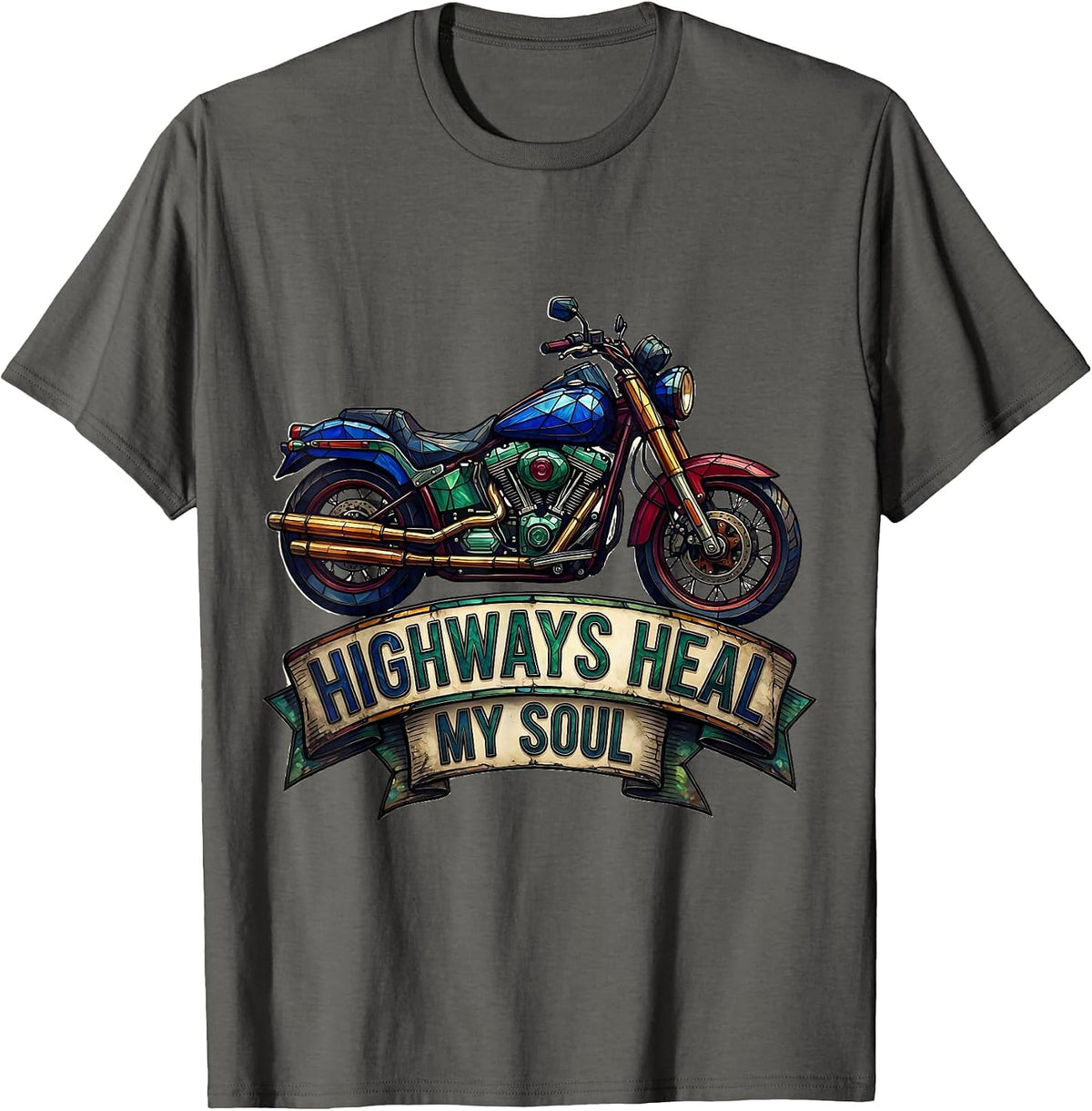 Highways Heal My Soul Motorcycle Design T-Shirt - Asphalt Grey