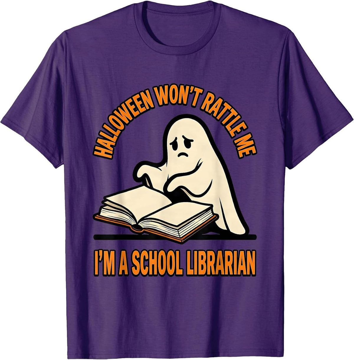 Halloween Won't Rattle Me, I'm A School Librarian Cartoon T-Shirt - Purple