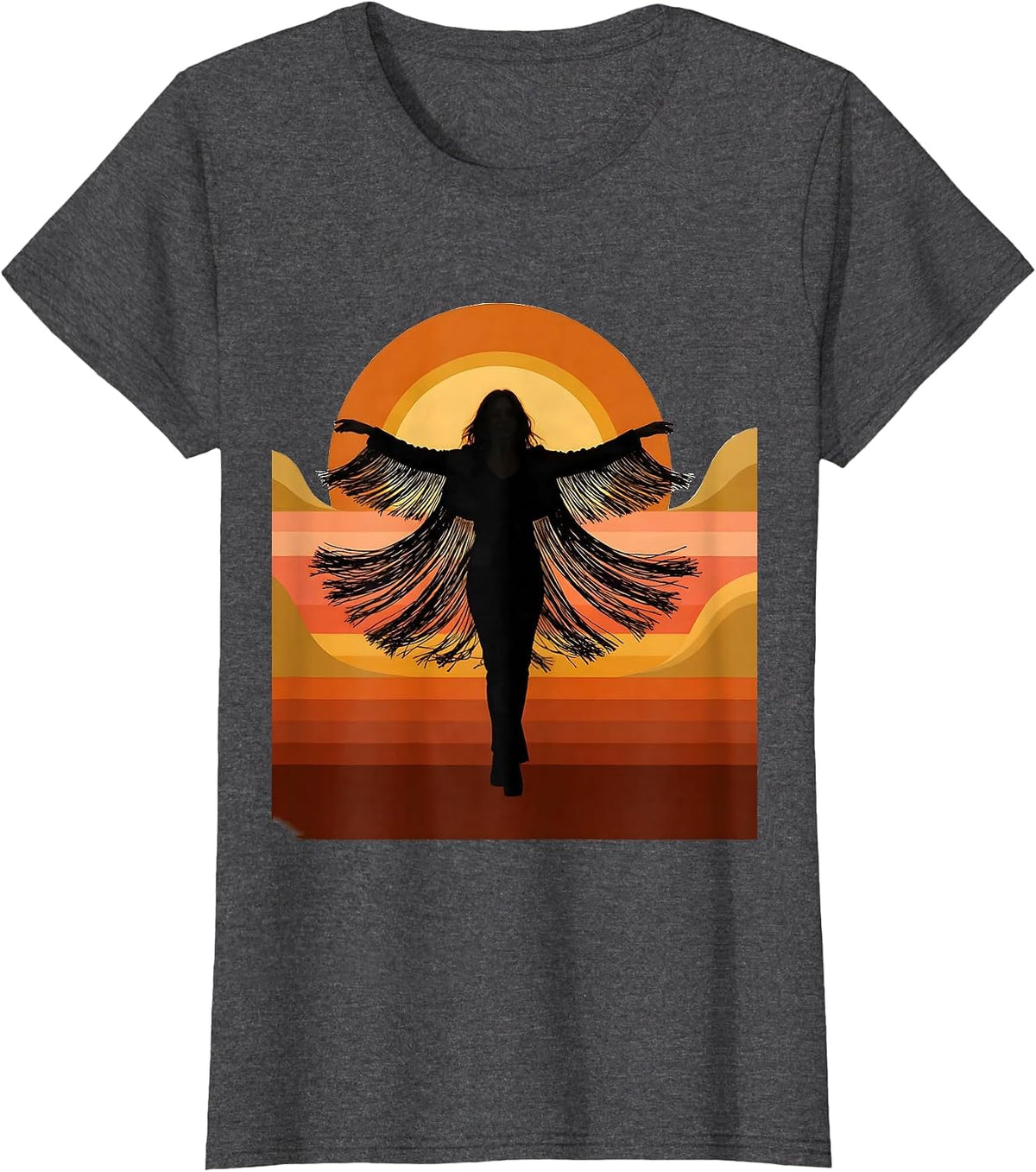 Women's Nashville Fringe Jacket Sunset Twirl Graphic T-Shirt - Dark Heather Grey