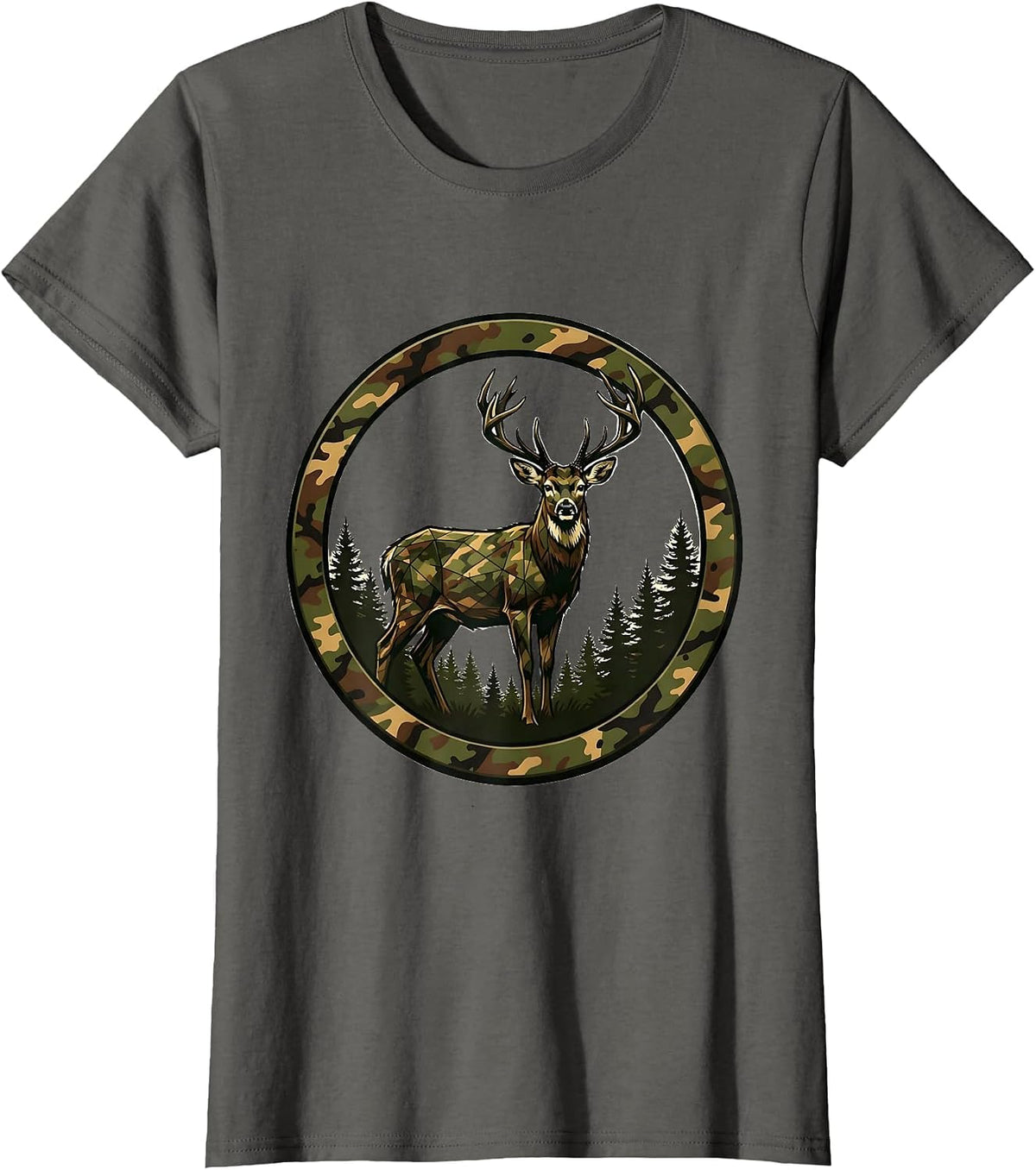 Women's Buck Deer Misty Camo Forest Hunting Graphic T-Shirt - Asphalt Grey