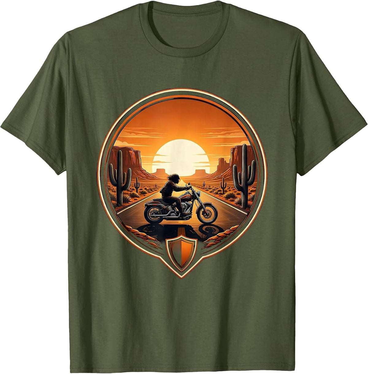 70s Chopper Motorcycle Desert Road Graphic T-Shirt - Olive Green