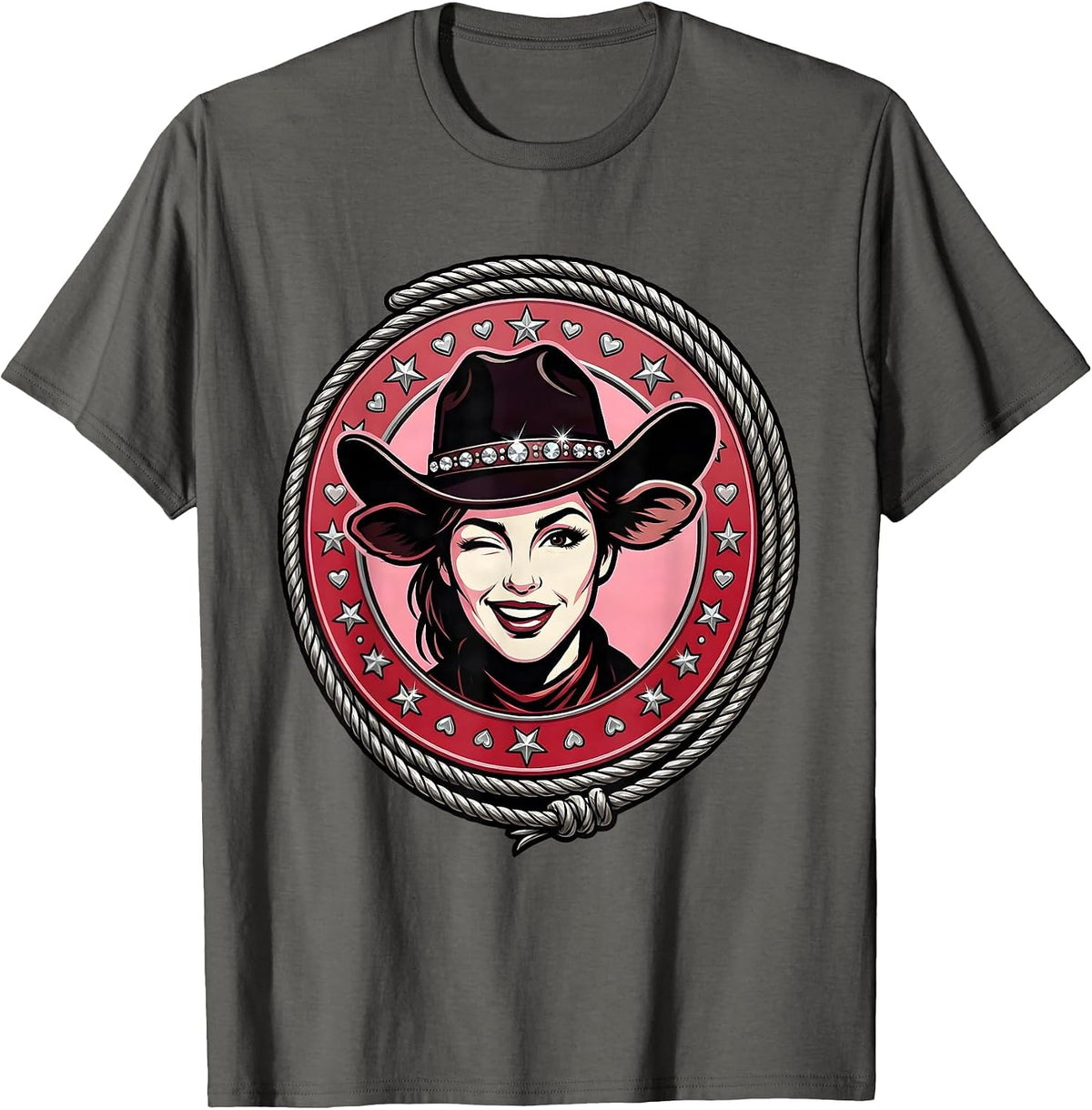 Winking Cowgirl Hat Tipped Graphic Design T-Shirt - Asphalt Grey