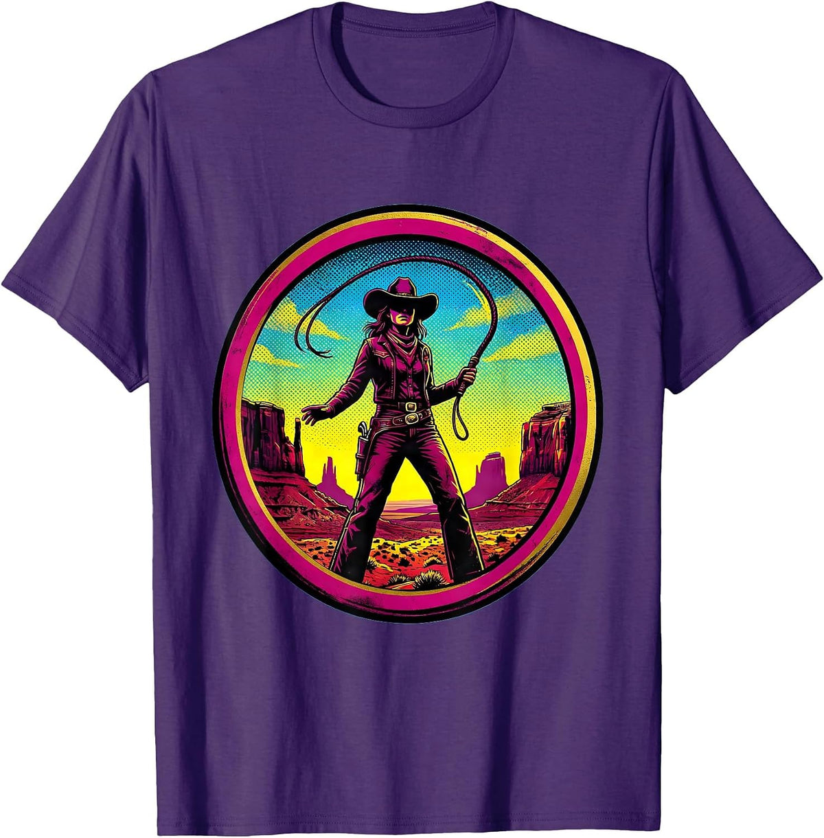 Cowgirl With Whip Wild Western Backdrop Design T-Shirt - Purple