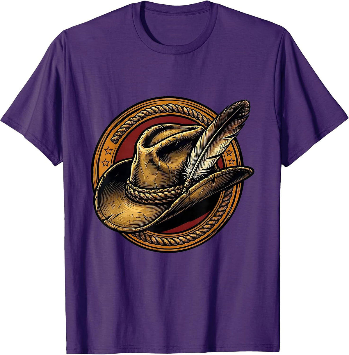 Weathered Cowboy Hat with Feather Illustration T-Shirt - Purple
