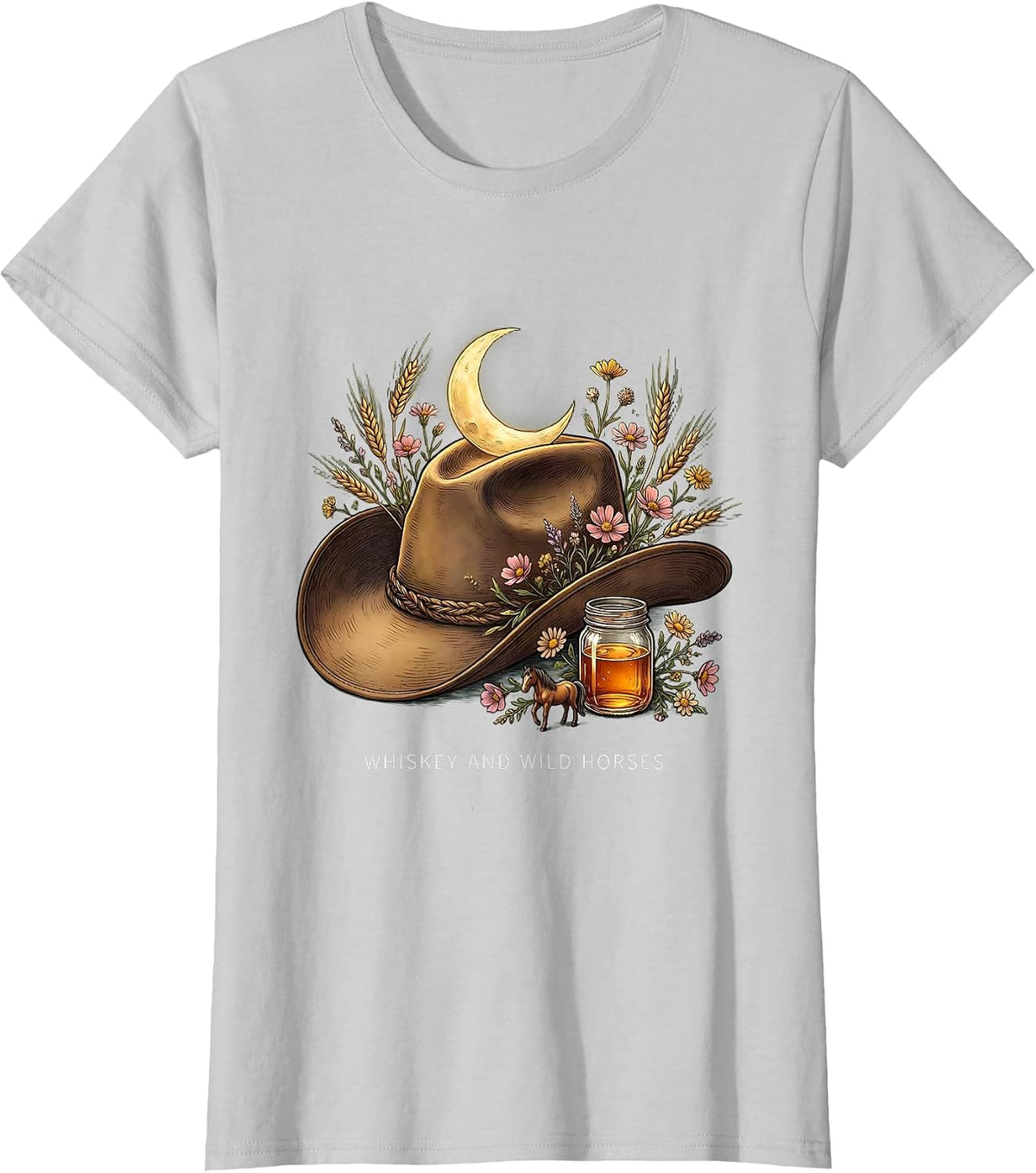 Women's Whiskey and Wild Horses Cowgirl Design T-Shirt - Silver Grey