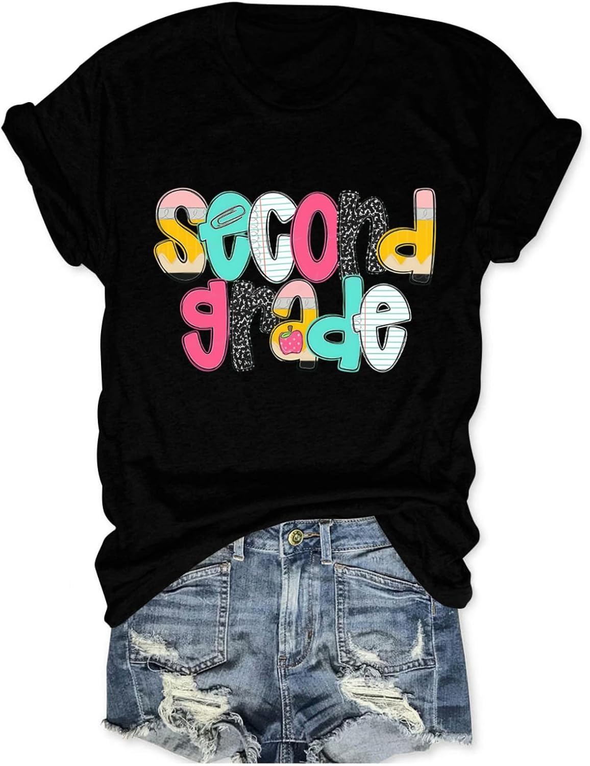 Second Grade Teacher Shirt Women Teaching Graphic Tee Tops Crewneck T-Shirt - As Pictured
