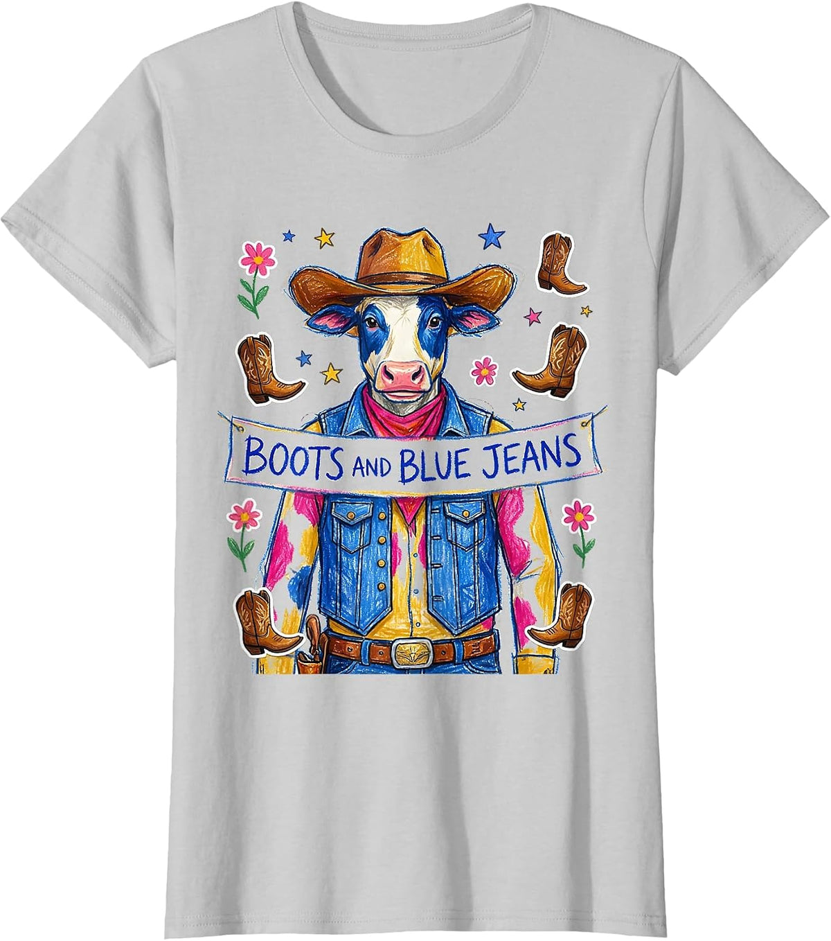 Boots and Blue Jeans Denim Cowgirl Design T-Shirt - Silver Grey