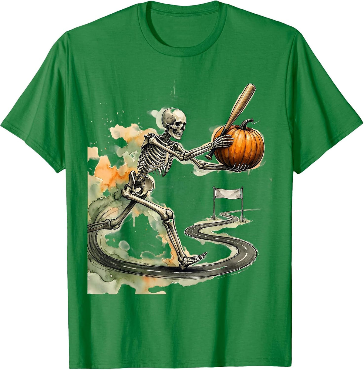 Men's Watercolor Skeleton Runner Halloween 5K Fun Run Matching T-Shirt - Kelly Green