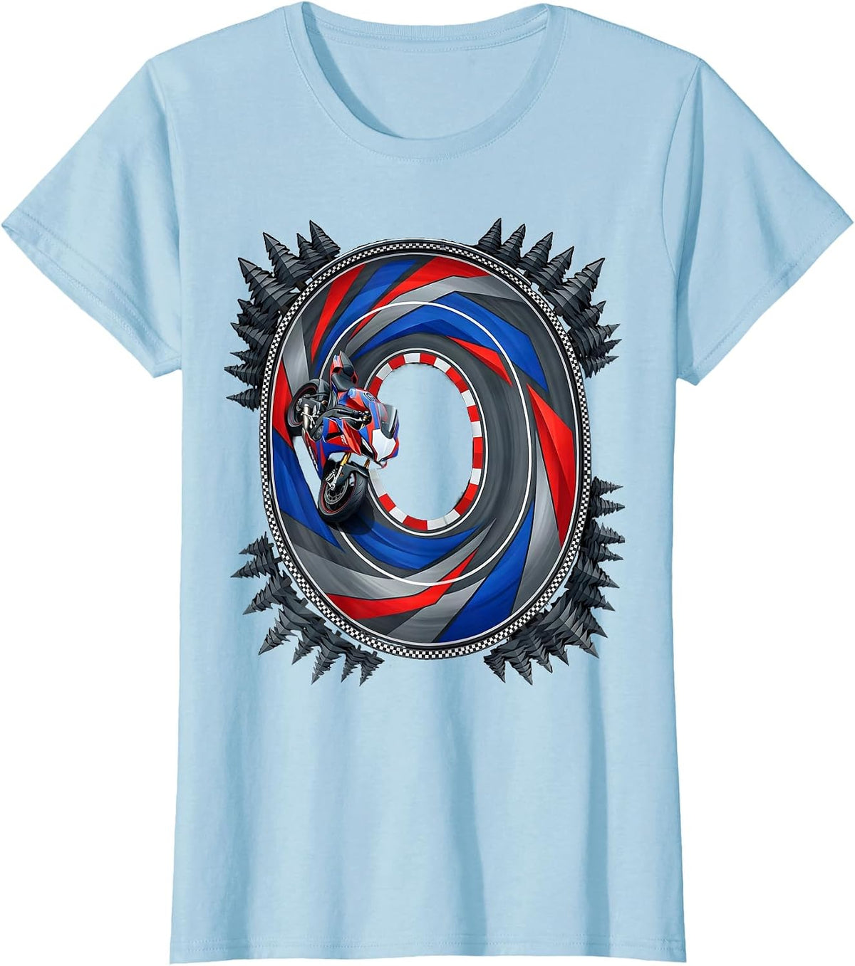 Women's Mountain Road Pine Forest Aerial Motorcycle Design T-Shirt - Baby Blue