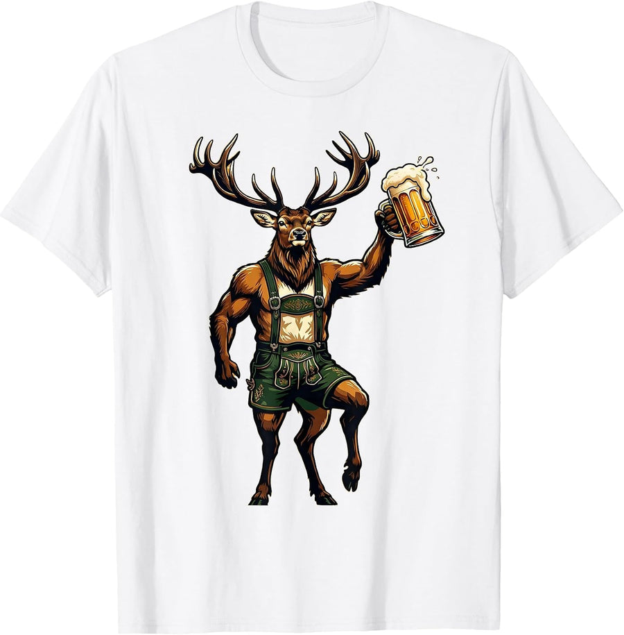 Men's Lederhosen Stag Beer Mug Oktoberfest Design T-Shirt - White