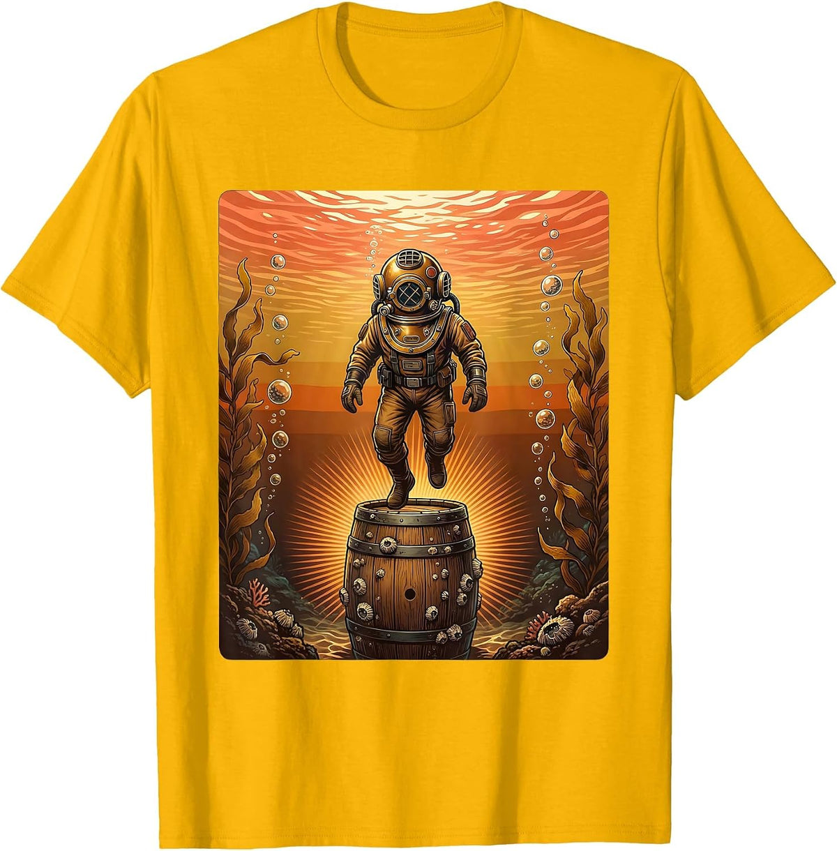 Deep Sea Diver Sunken Beer Barrel Discovery T-Shirt - Golden Yellow