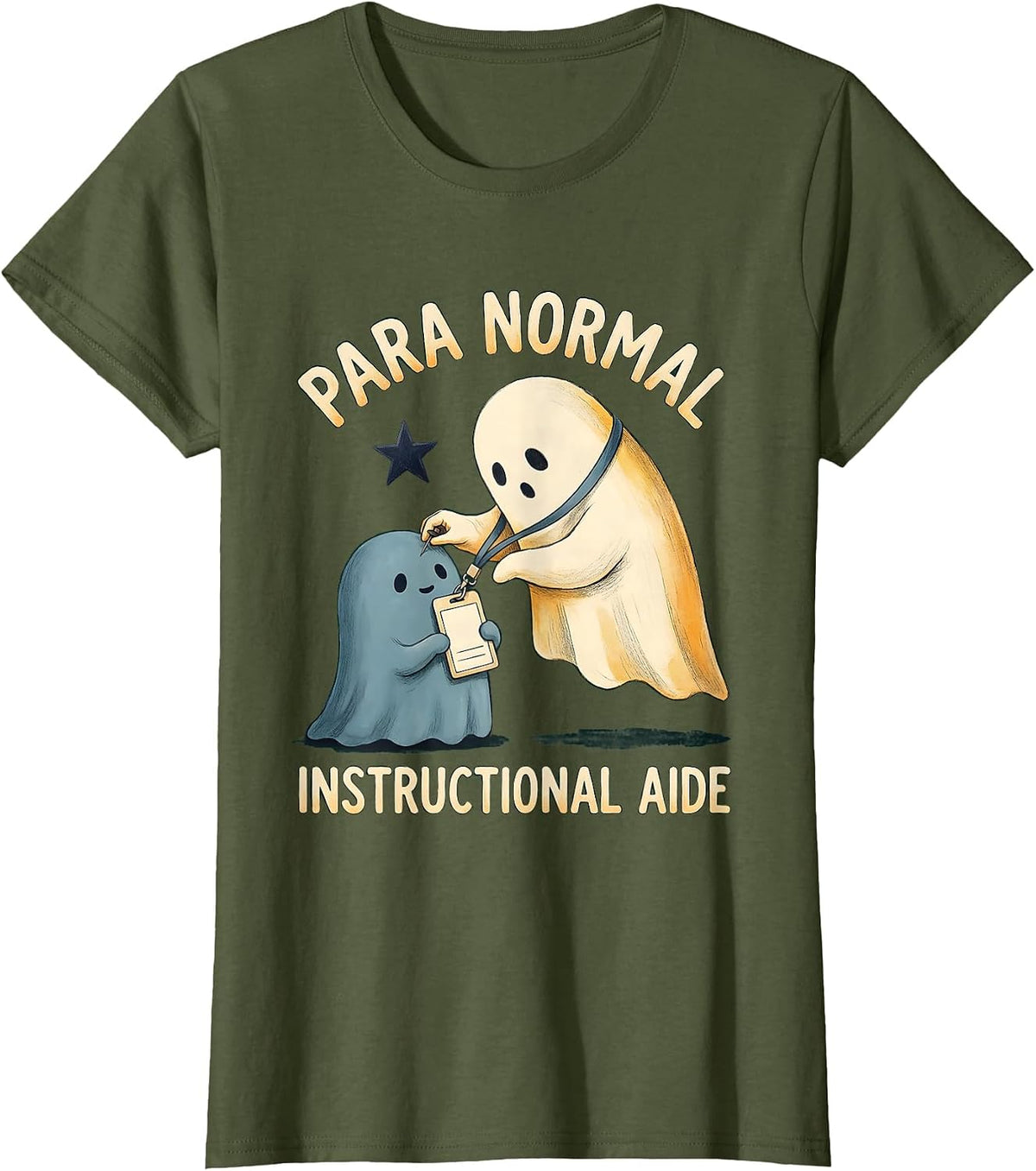 Women's Para Normal Instructional Aide Storybook Ghost Halloween T-Shirt - Olive Green
