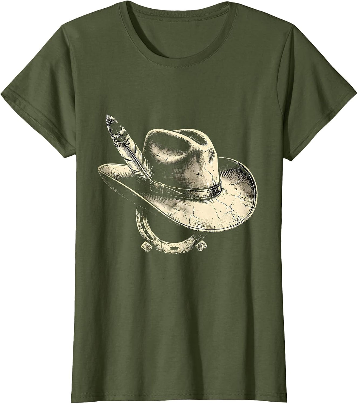 Women's Cowgirl Hat Feather and Horseshoe Graphic T-Shirt - Olive Green