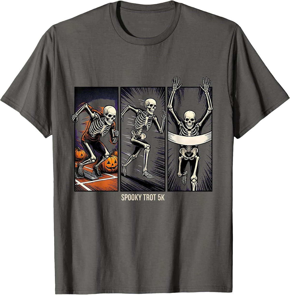 Men's Spooky Trot 5K Comic Book Skeleton Runner Halloween Fun Run T-Shirt - Asphalt Grey