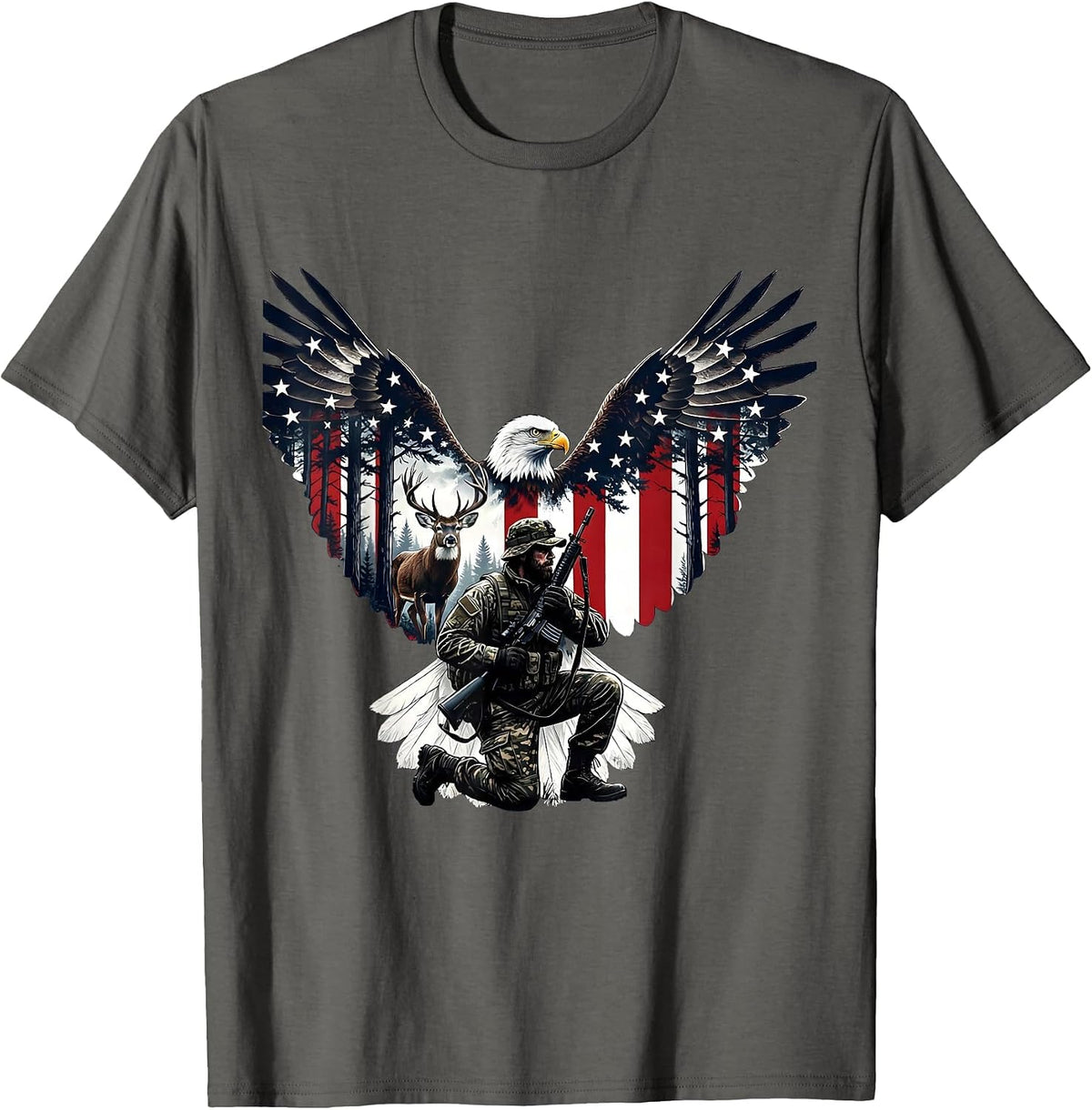 Deer Hunter Tracking Through Pine Forest Graphic T-Shirt - Asphalt Grey
