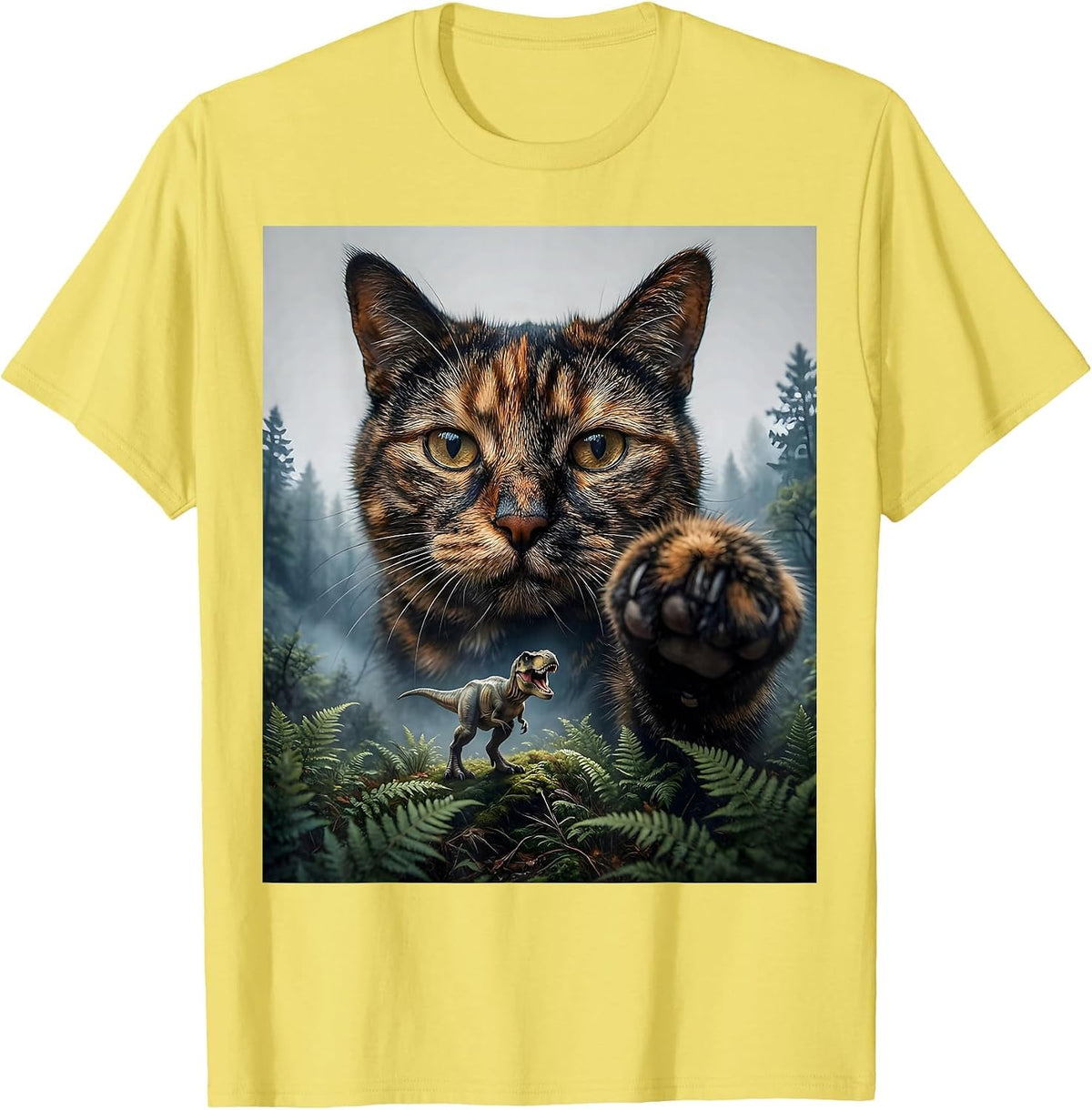 Men's Oversized Calm Tortoiseshell Cat Face Funny T-Rex Dinosaur T-Shirt - Lemon Yellow