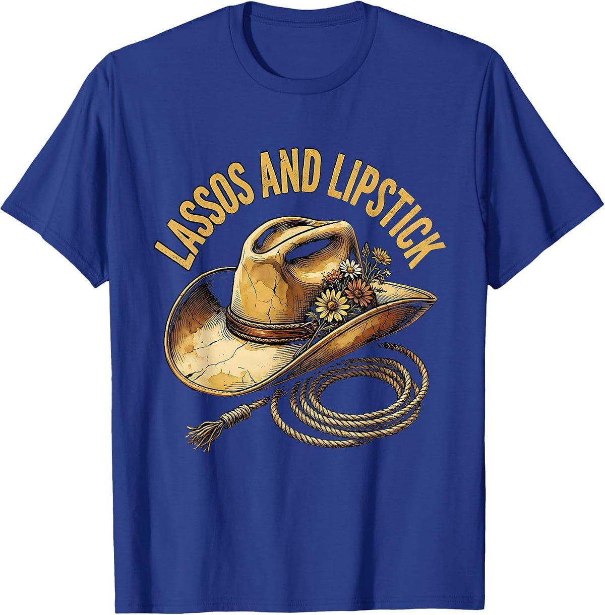 Lassos and Lipstick Cowgirl Graphic Design T-Shirt - Royal Blue