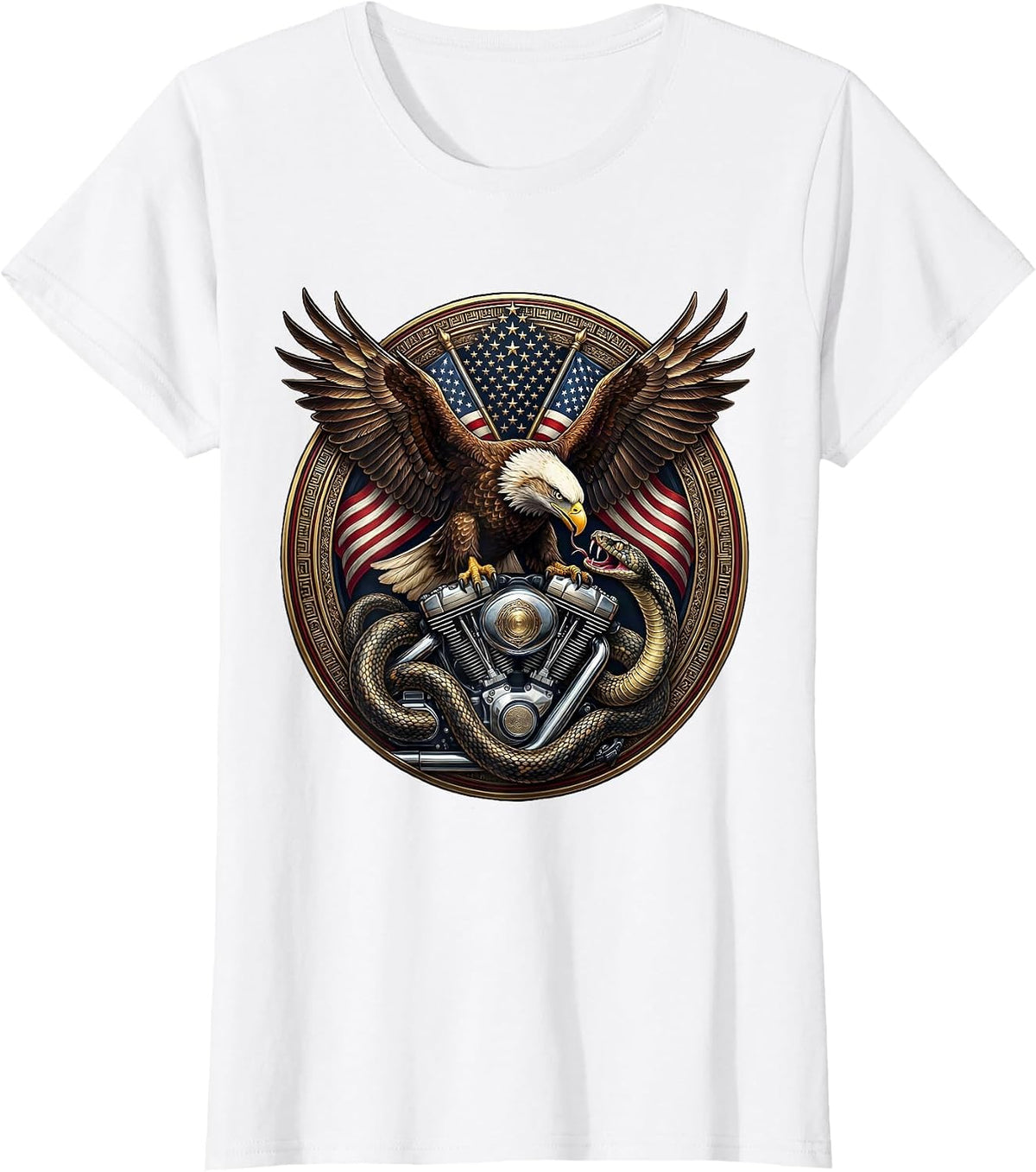 Serpent Coiled Motorcycle Engine Biker Design T-Shirt - White