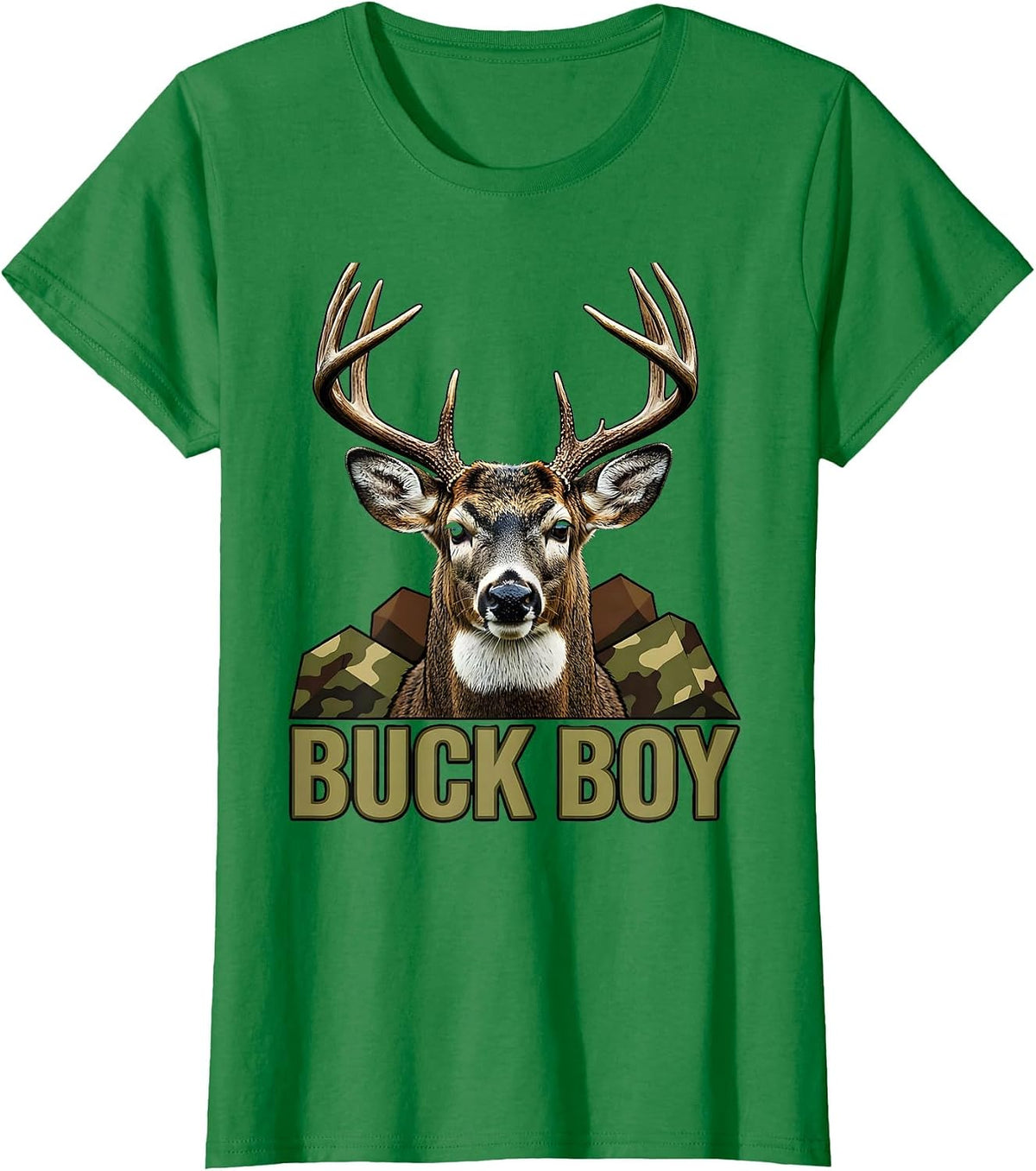 Women's Buck Boy Screenprint Camo Deer Hunting Youth Humor T-Shirt - Kelly Green