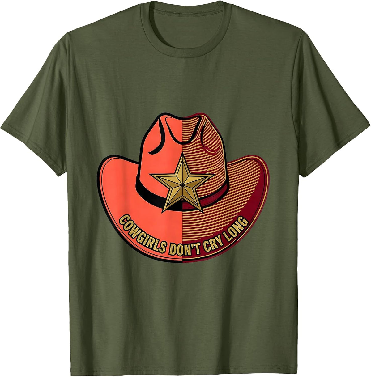 Cowgirls Don't Cry Long Western Design T-Shirt - Olive Green