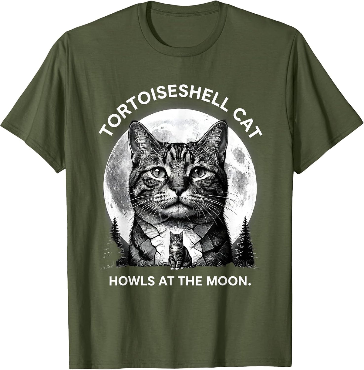 Men's Tortoiseshell Cat Howls at the Moon 90s Retro Novelty T-Shirt - Olive Green