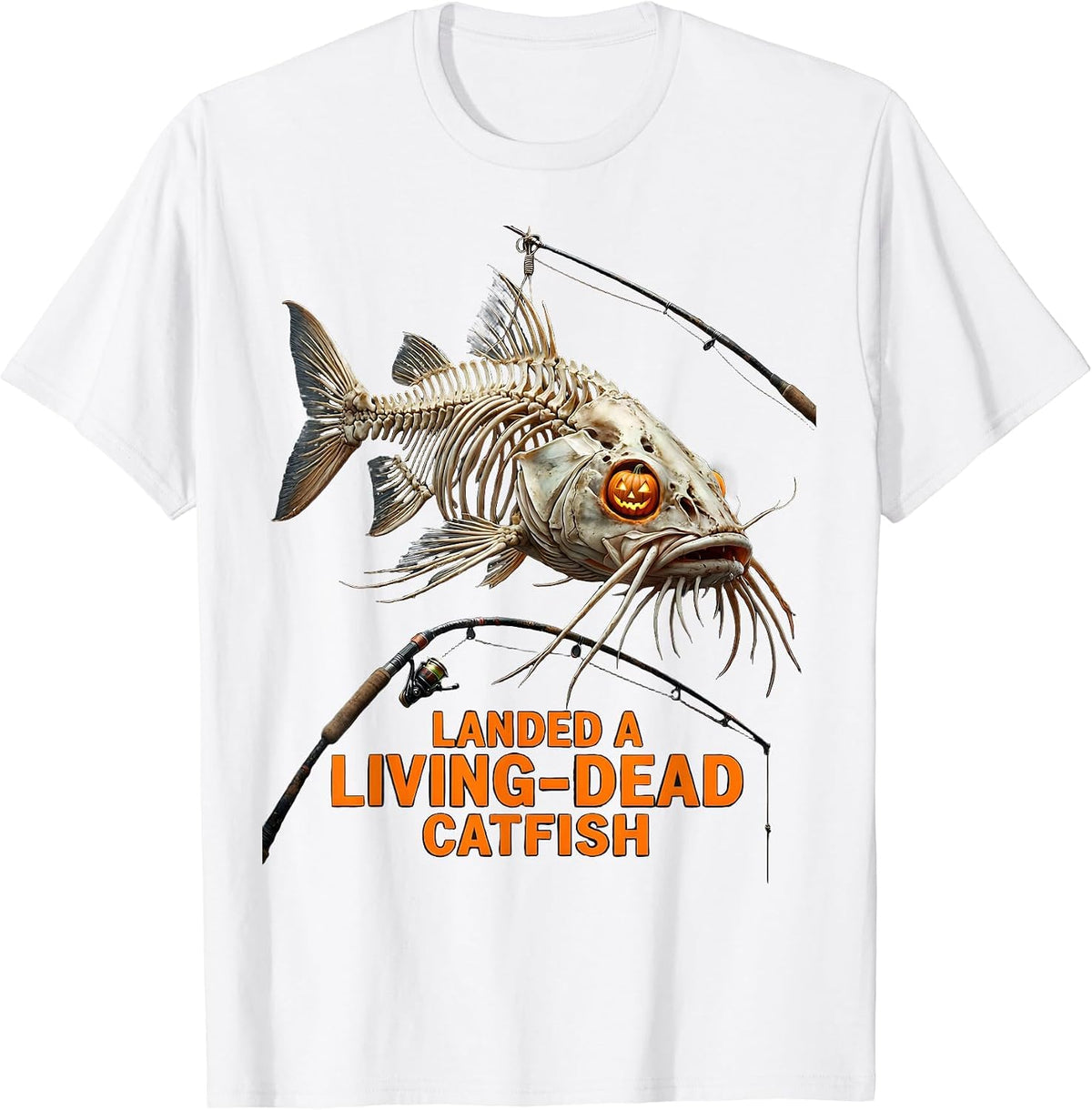 Landed A Living-Dead Catfish Skeleton Halloween Fishing T-Shirt - White